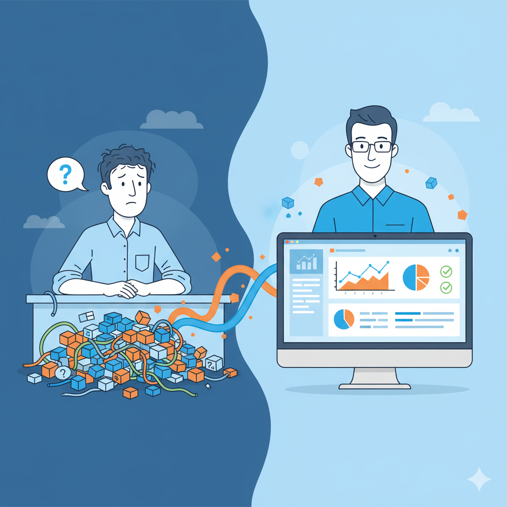 Cartoon of a data expert transforming messy data into clear insights.
